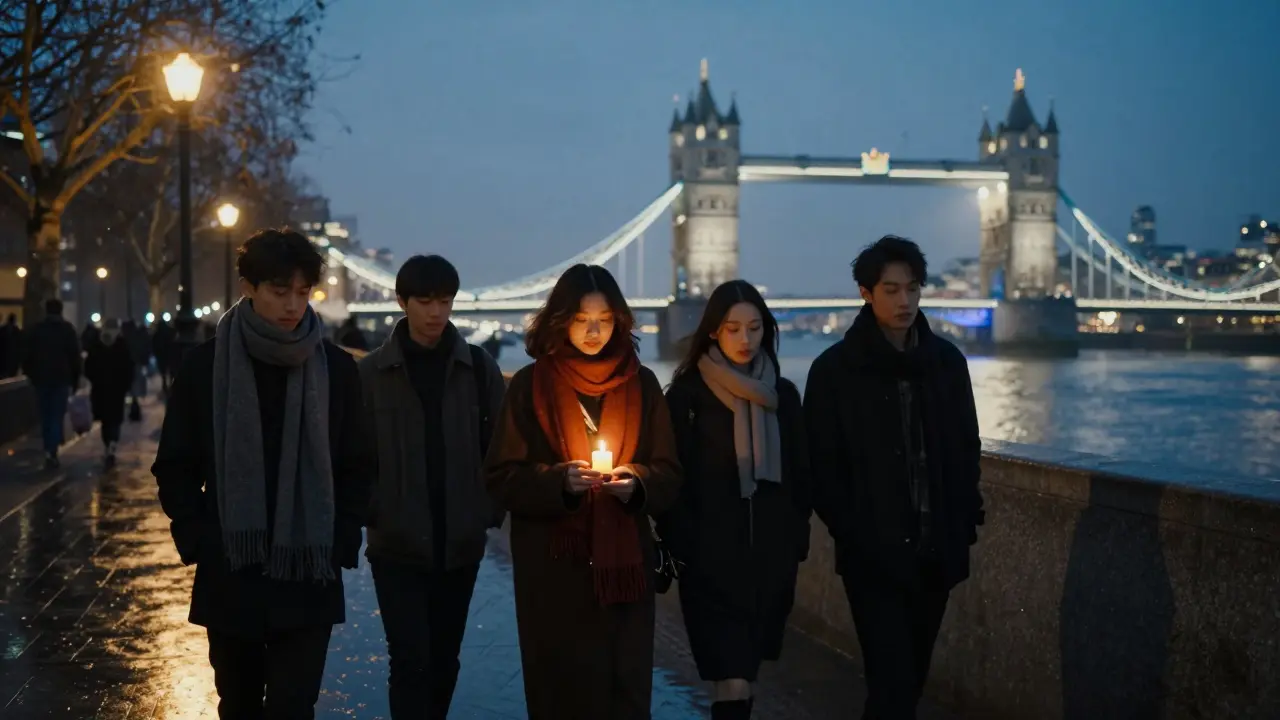 Four friends walking along the Thames at night, wrapped in scarves, after a candlelight concert.