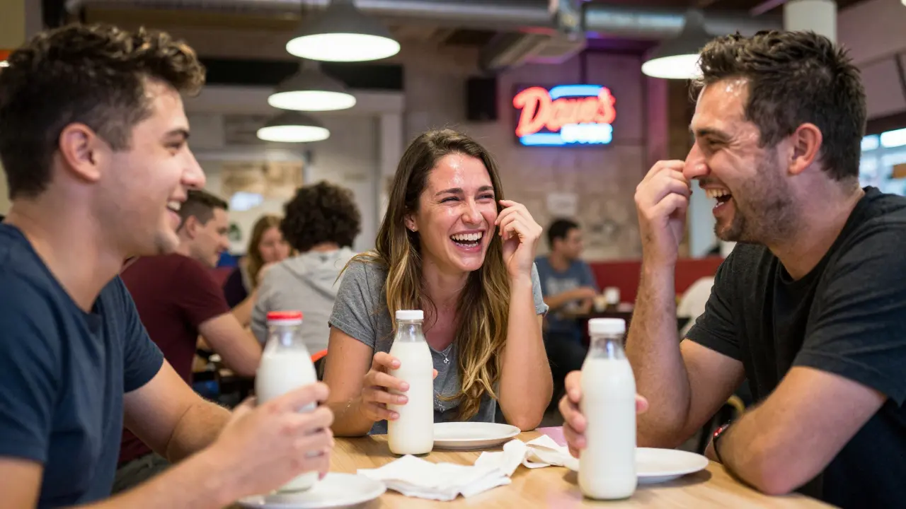 Friends laughing and drinking milk after eating spicy chicken