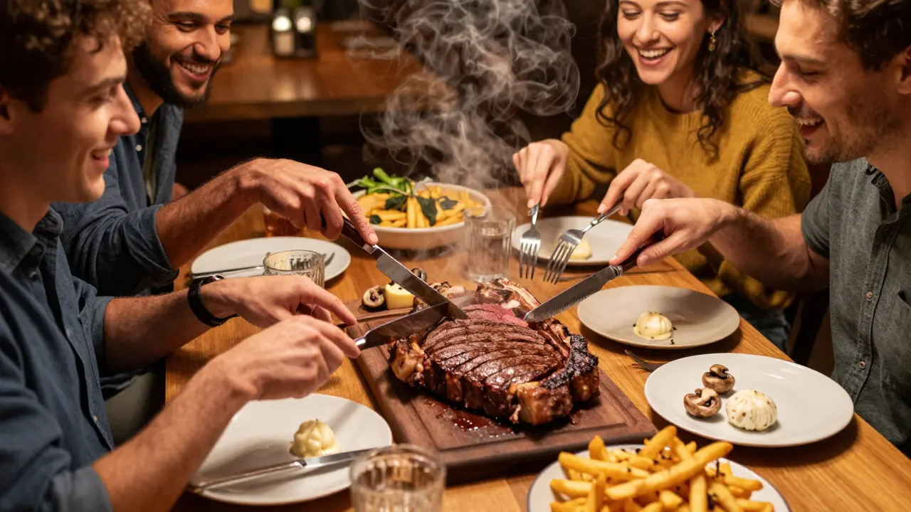 Friends sharing a large porterhouse steak with fries and mushrooms at a wooden table.