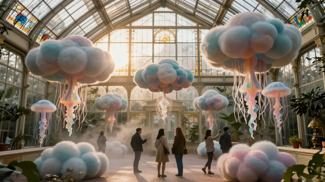 Glasshouse interior with floating balloon clouds and sunlight streaming through stained glass
