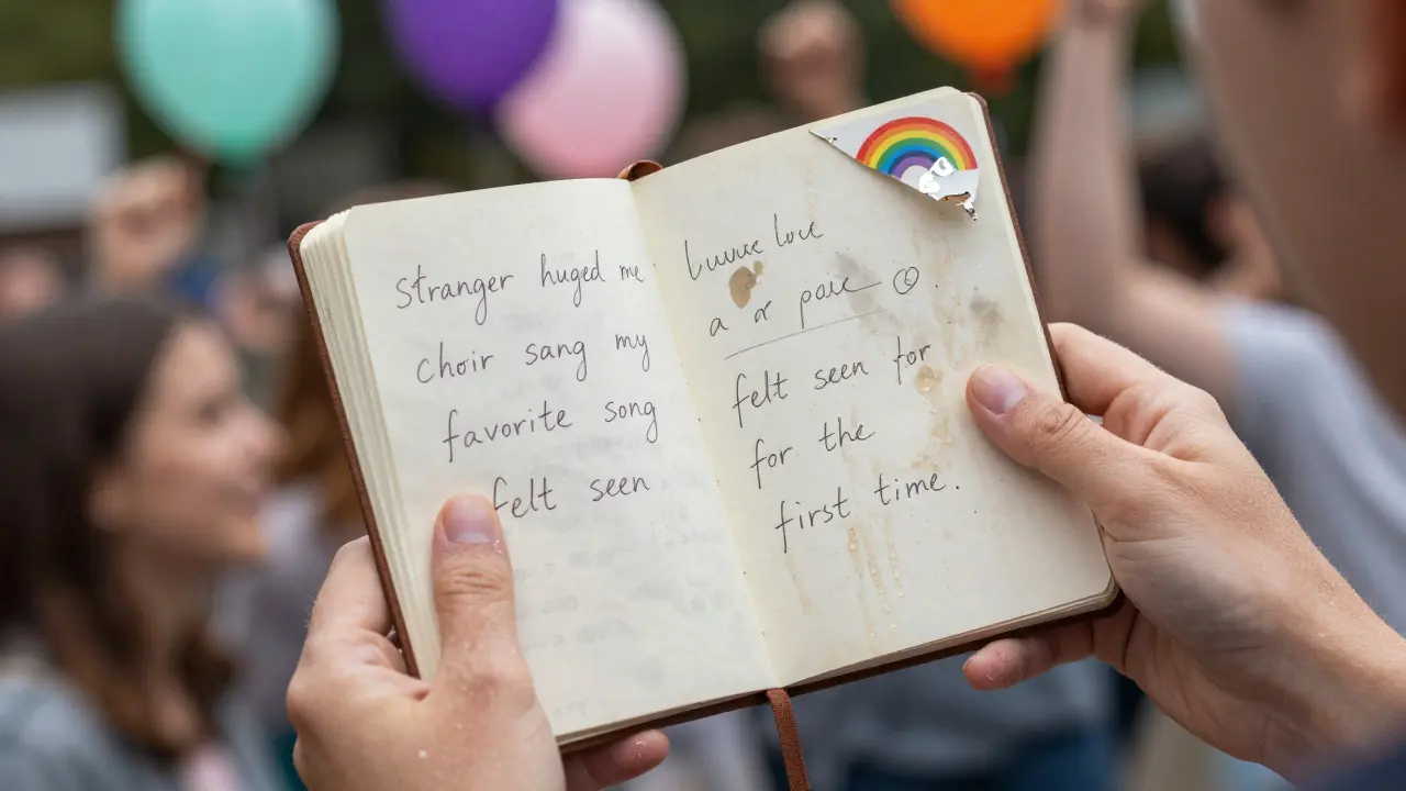Glittered hands holding a journal with handwritten Pride memories