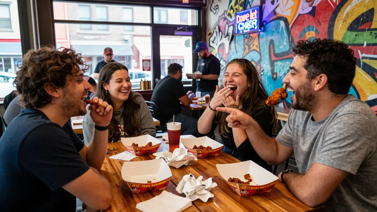 Group of friends laughing at a table with empty trays in Camden Market setting.