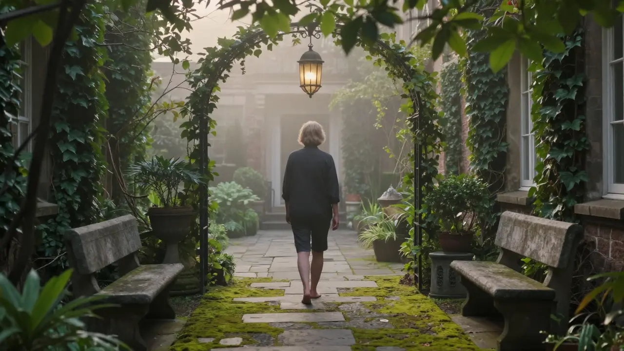 Guest walking through a misty private garden at dawn, surrounded by ivy and stone pathways.