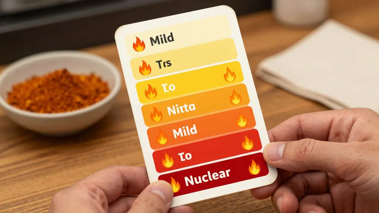 Hand holding a spice level card labeled Mild to Nuclear with color-coded flame icons.