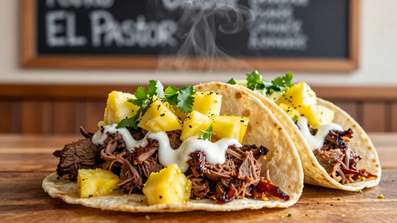 Handmade tacos with carnitas, pineapple salsa, and cilantro on corn tortillas