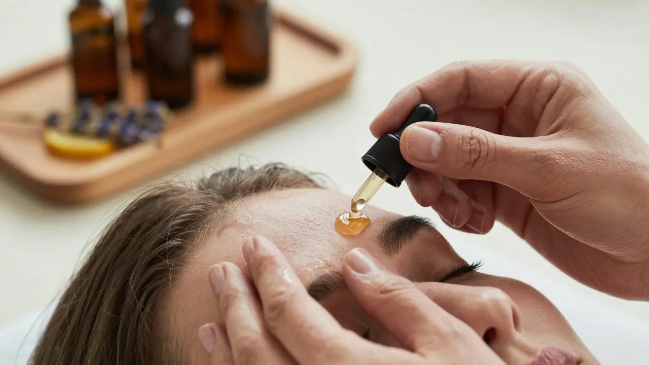 Hands applying essential oil blend to a person&#039;s temples in soft natural light.
