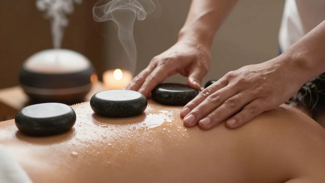 Hands giving a warm stone massage with eucalyptus steam rising in the background.