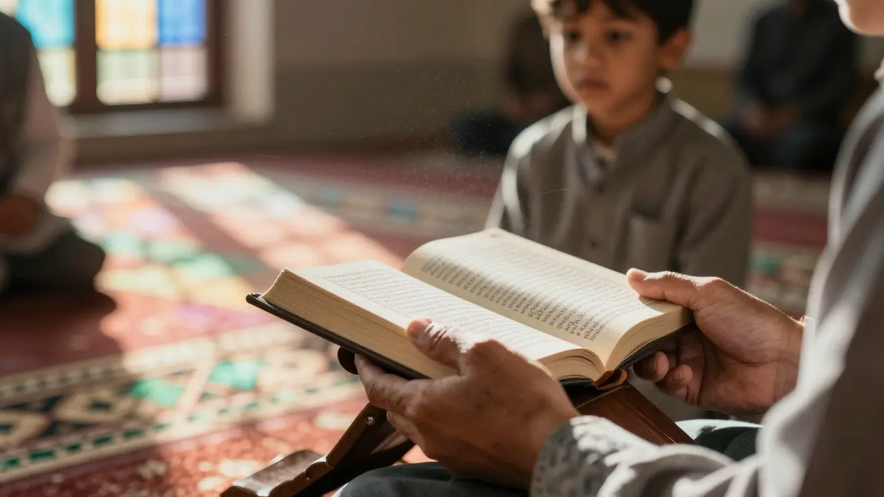Hands holding a child's Quran as sunlight shines through stained glass windows.