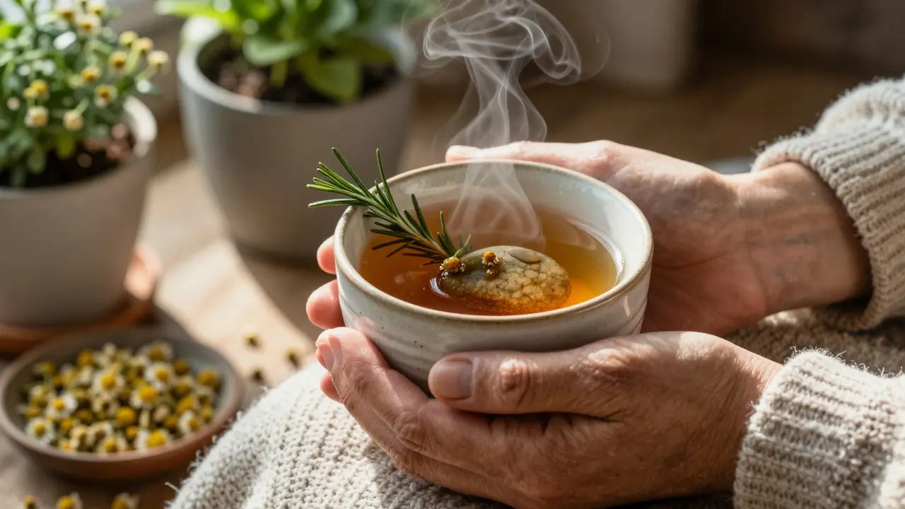 Hands holding a steaming tea cup and a smooth river stone, natural light filtering through plants.