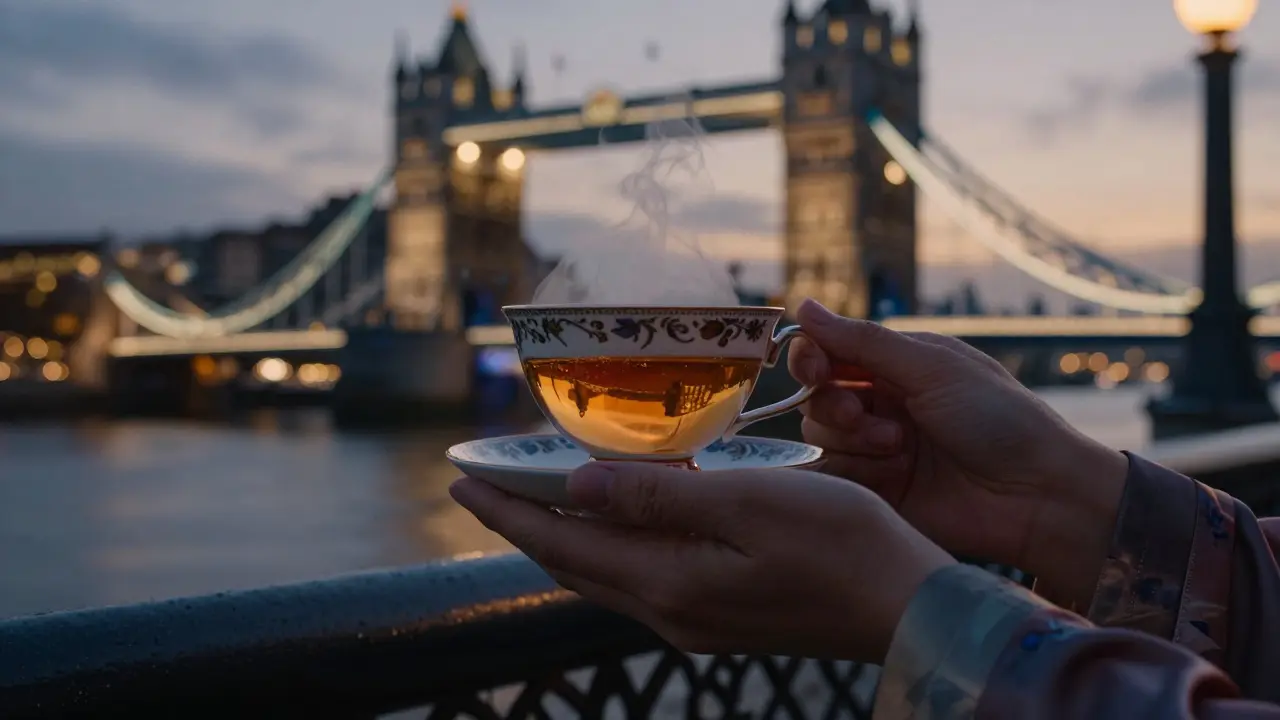 Hands holding a teacup reflecting Tower Bridge, steam rising at twilight.