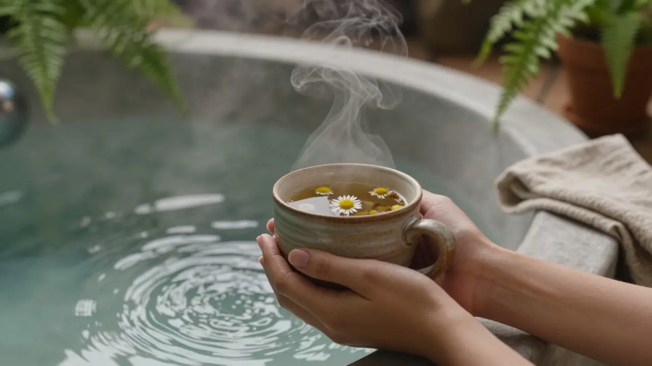 Hands holding a warm herbal tea mug beside a steaming jacuzzi in dim, calming light.