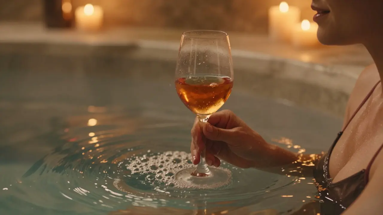 Hands holding a wine glass in warm jacuzzi water, bubbles surrounding the fingers, soft candlelight reflecting.