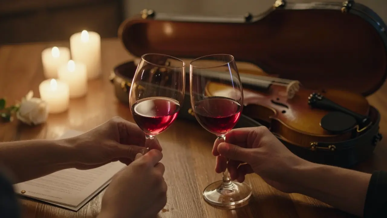 Hands holding wine glasses in soft candlelight with a violin case and program card nearby.