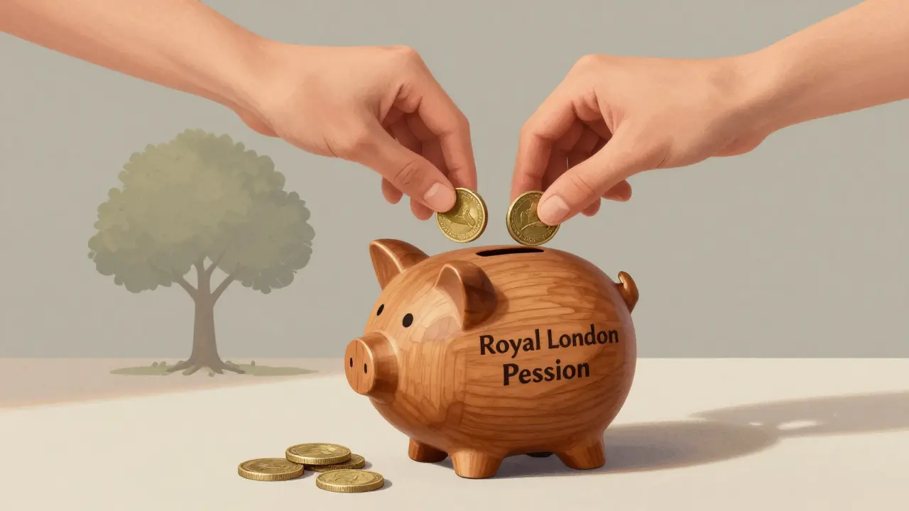 Hands placing coins into a piggy bank labeled 'Pension'