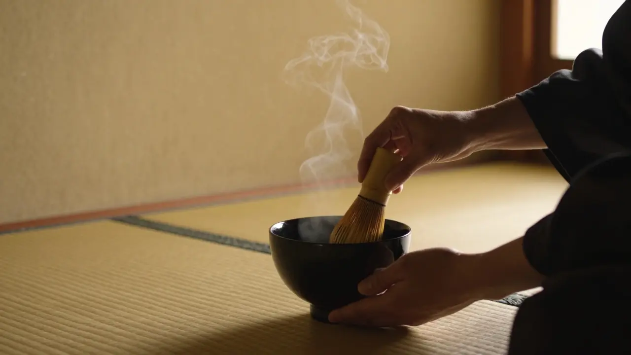 Hands pouring matcha during a quiet tea ceremony with steam rising gently.