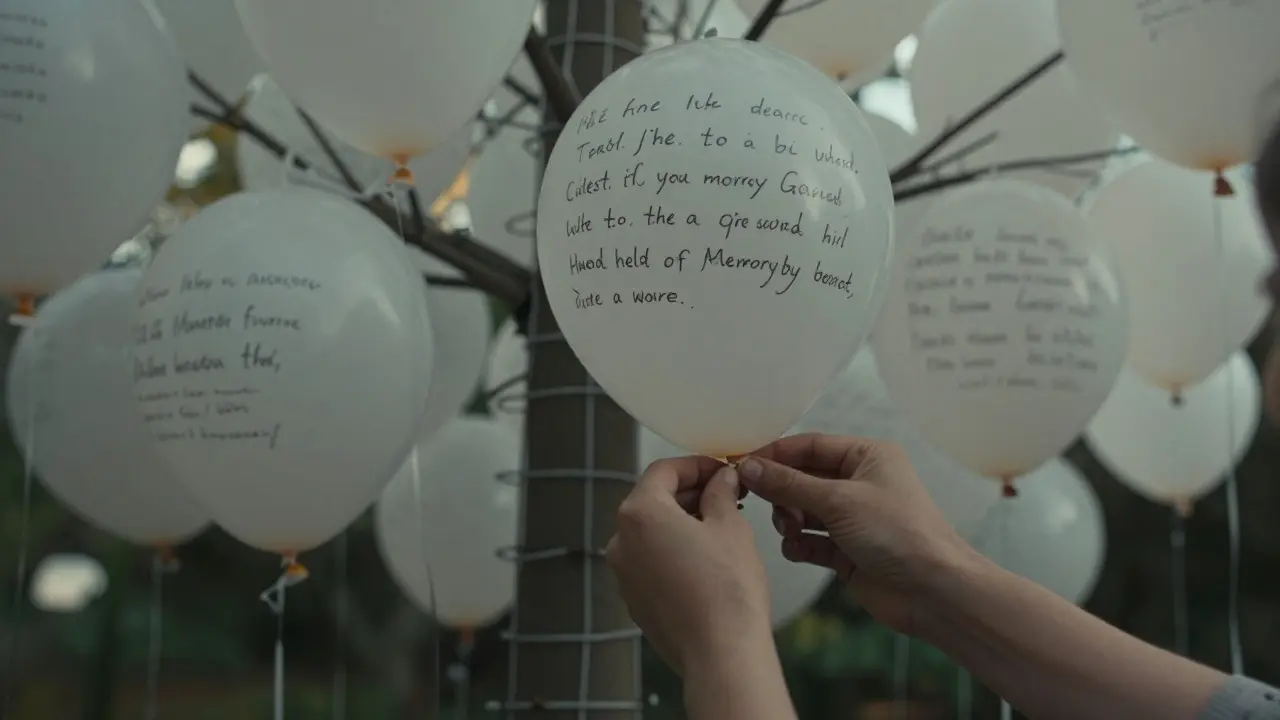 Hands tying a written message onto a white balloon in a tree-like installation.