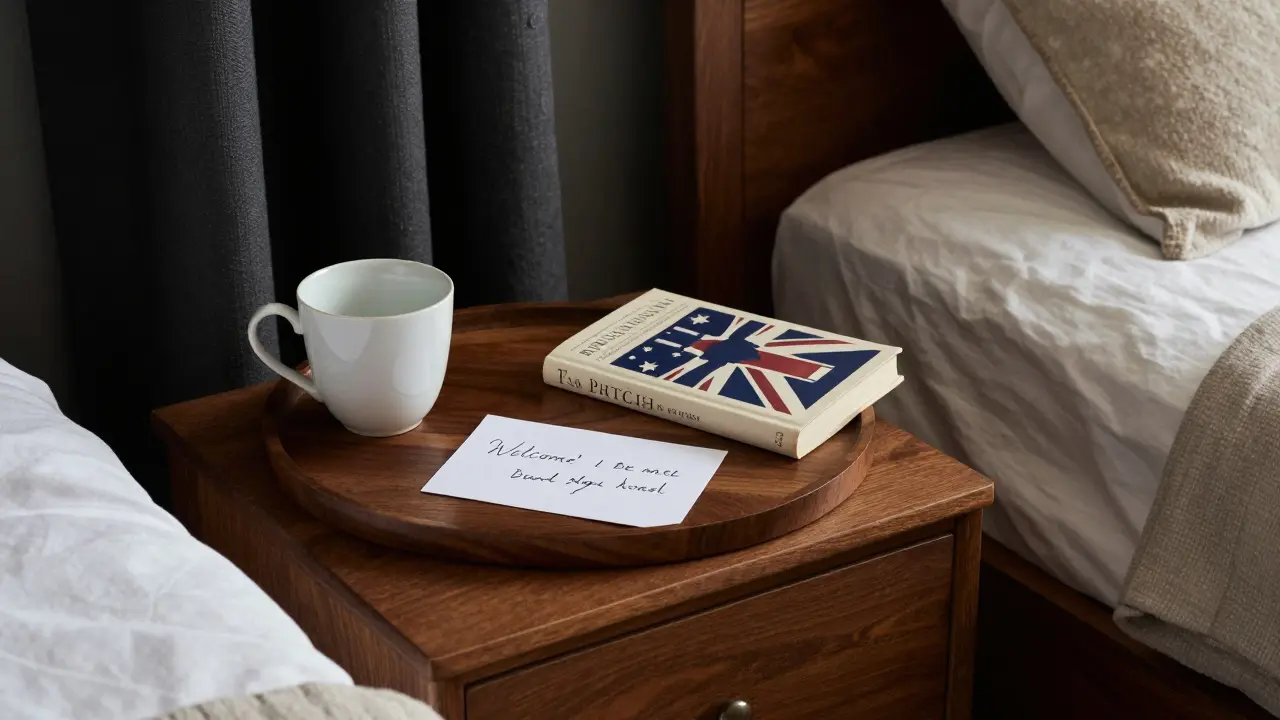Handwritten note with tea and book on a wooden nightstand in a quiet room.