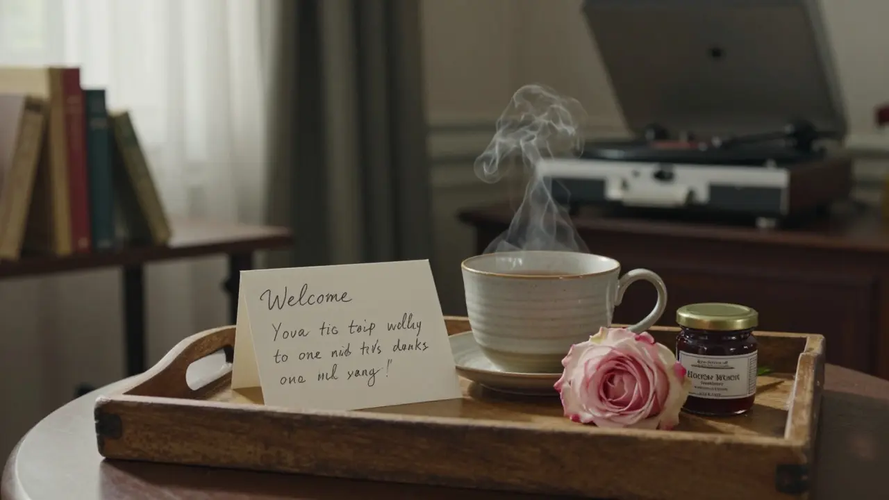 Handwritten welcome note with tea, rose, and jam on a wooden tray in a warm hotel lobby.