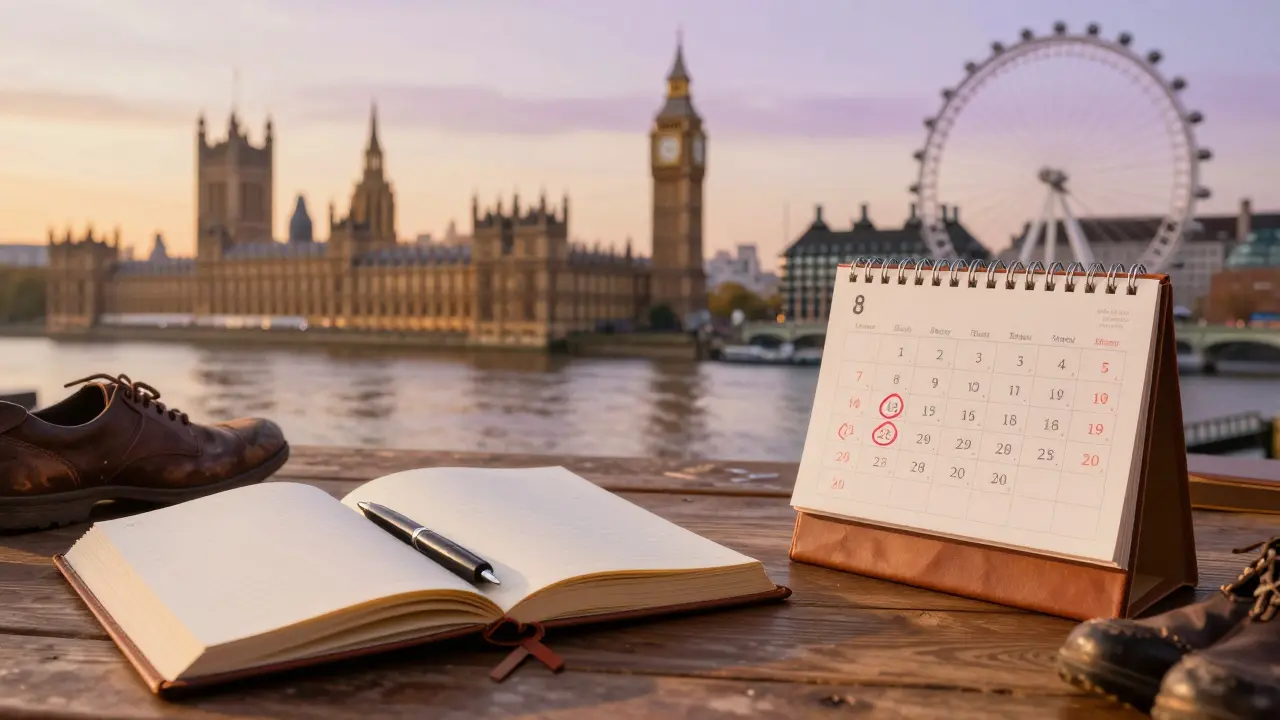 London skyline at sunset with calendar showing multiple return dates on desk