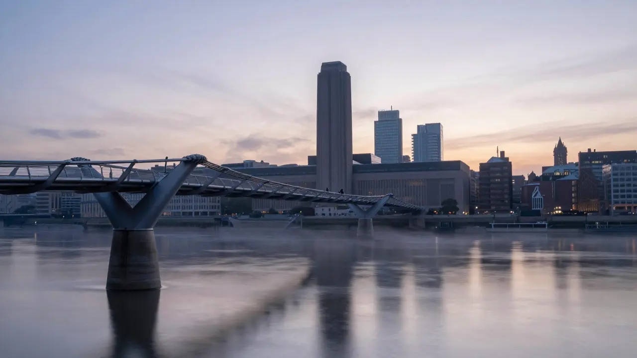 Millennium Bridge at sunrise with Tate Modern reflected in calm river, mist and quiet walkers.
