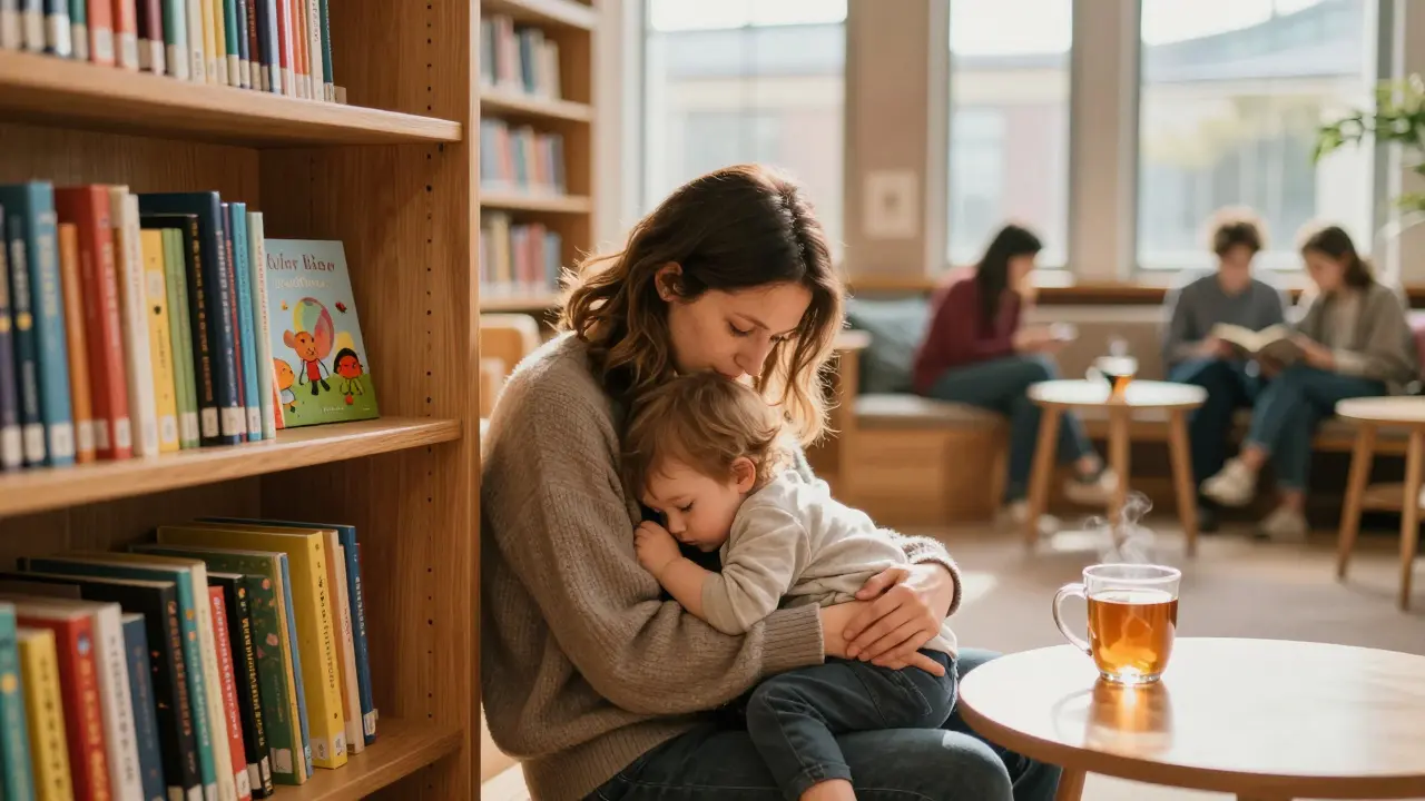 Mother and toddler reading books together in a sunny library corner