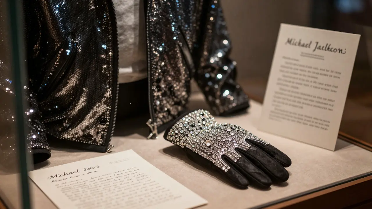 Original gloves, jacket, and handwritten lyrics from Michael Jackson’s 1988 London performances on display.