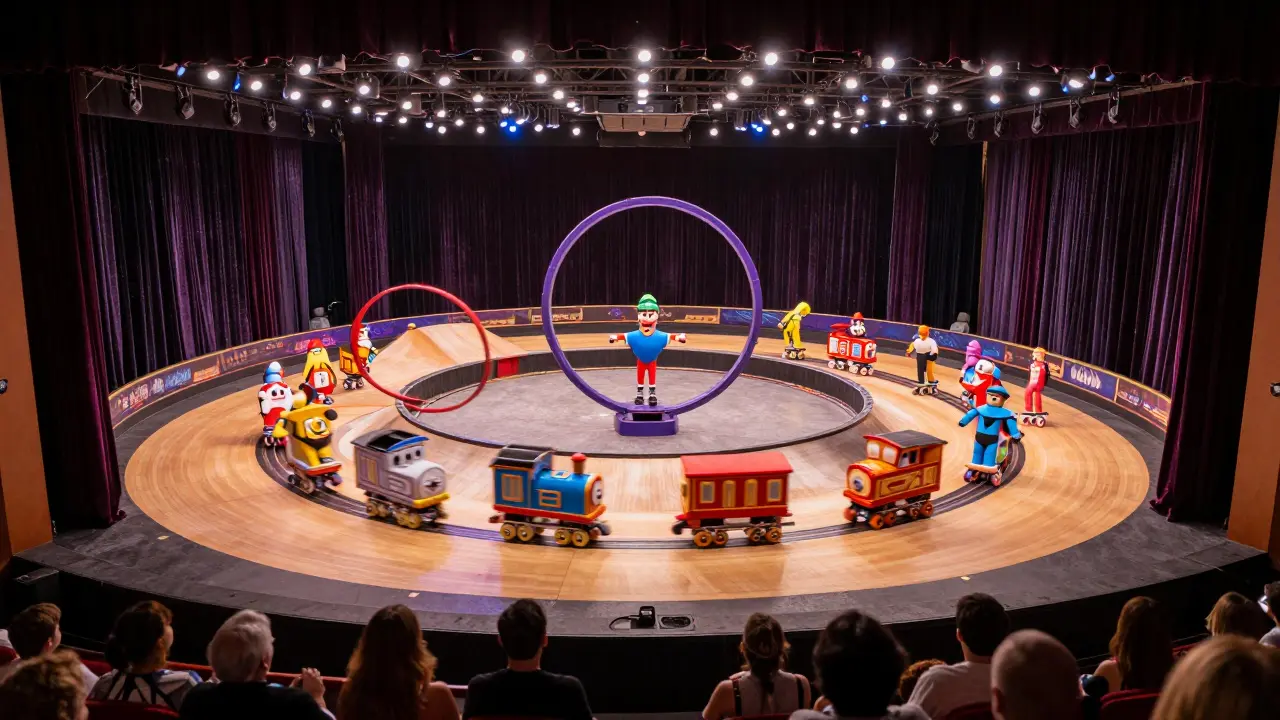 Overhead view of a colorful roller-skating race on a multi-level theatre track under starry lights.