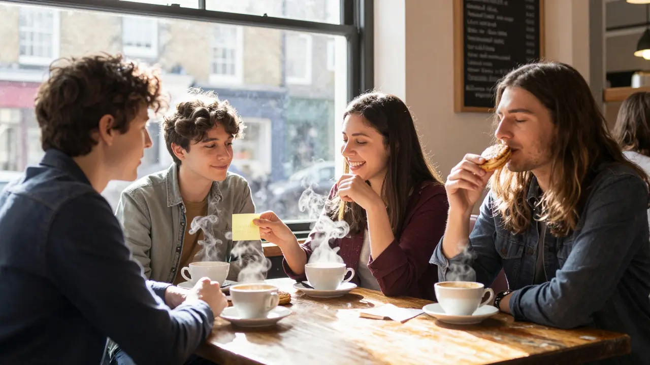 People laughing together in a sunlit London café sharing coffee and kindness.