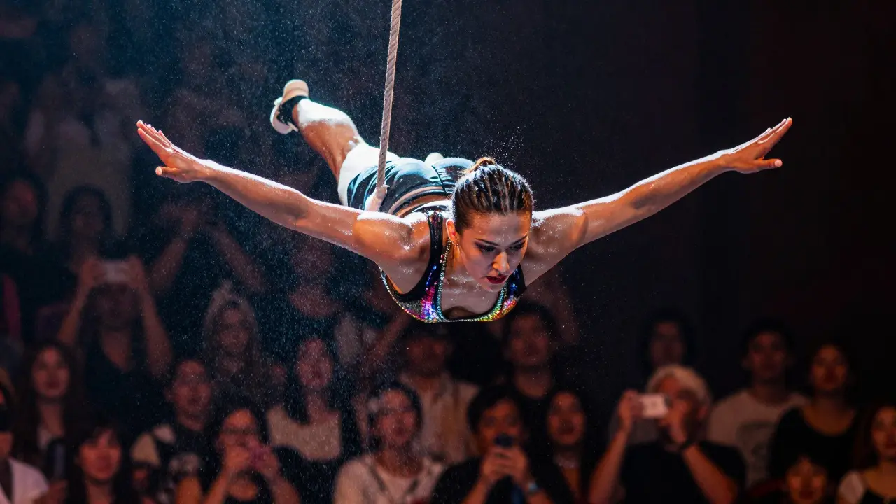Performer flying mid-air during a trapeze act, glitter falling around them in a golden spotlight.