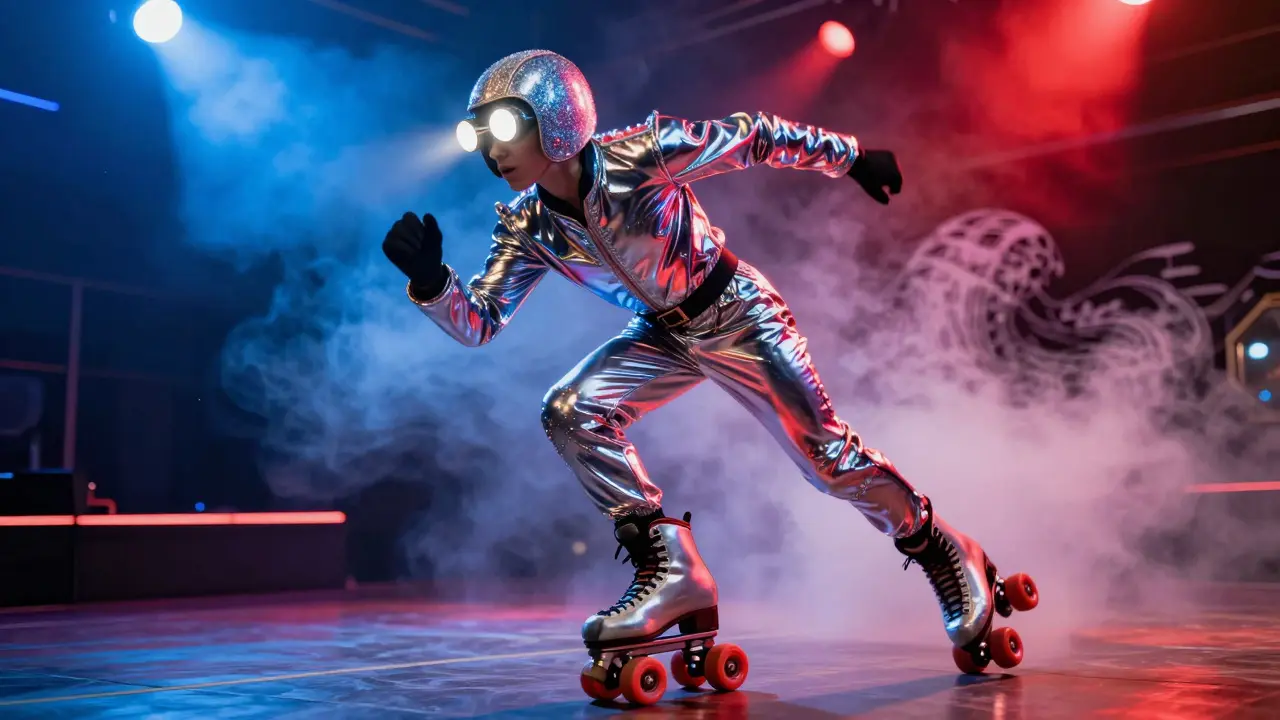 Performer on roller skates racing on stage in glittering train costume under bright lights.