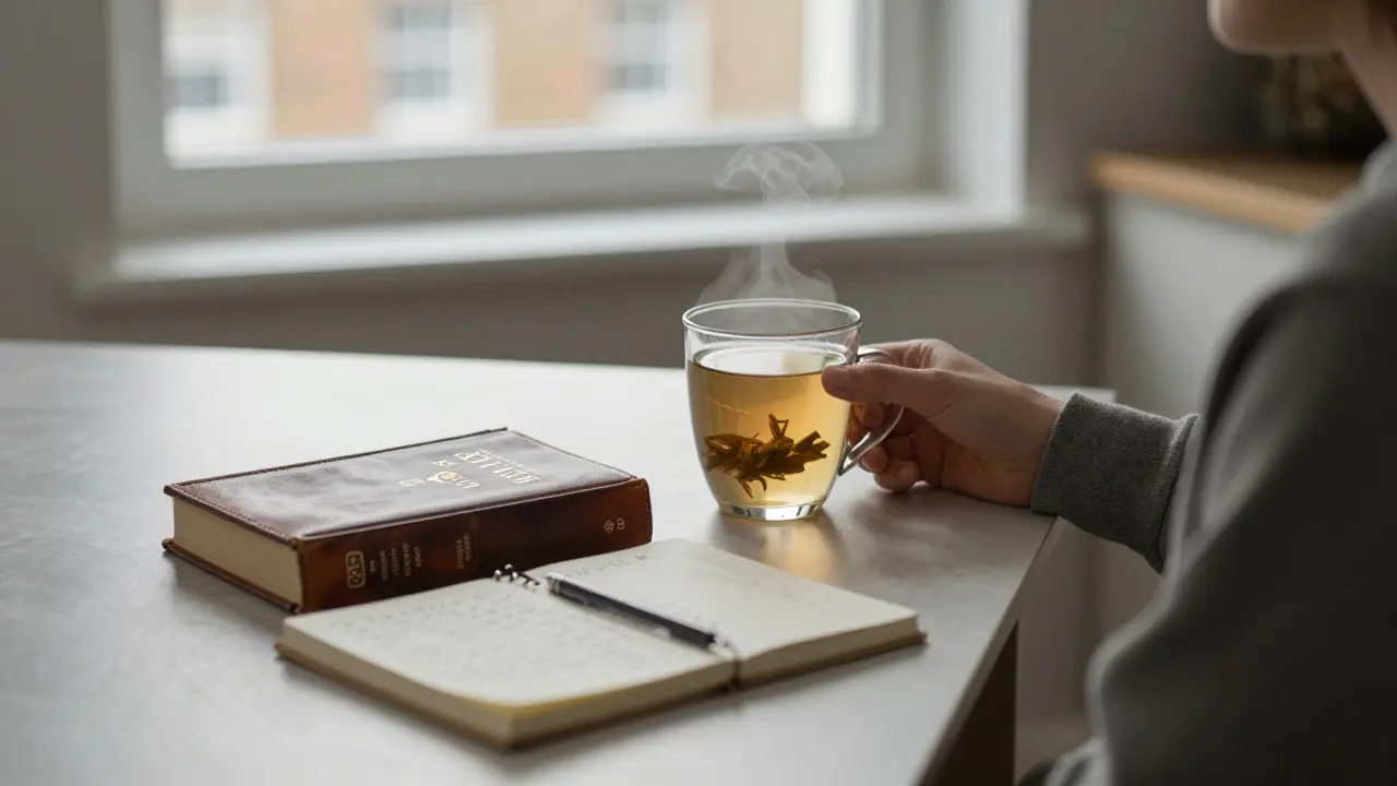 Person holding herbal tea with Book of Mormon and journal on kitchen table in morning light.