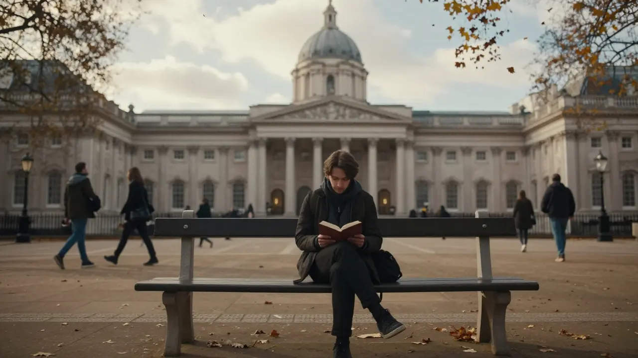 Person reading on a bench in Russell Square with British Museum in background