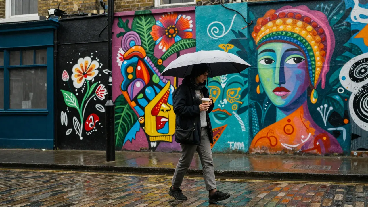 Person walking with coffee and umbrella past colorful street art in Peckham.