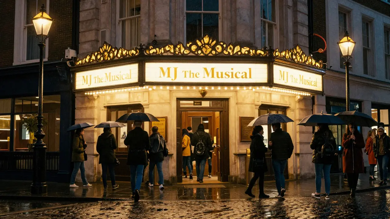 Prince of Wales Theatre at night with glowing &#039;MJ The Musical&#039; marquee and patrons entering in the rain.