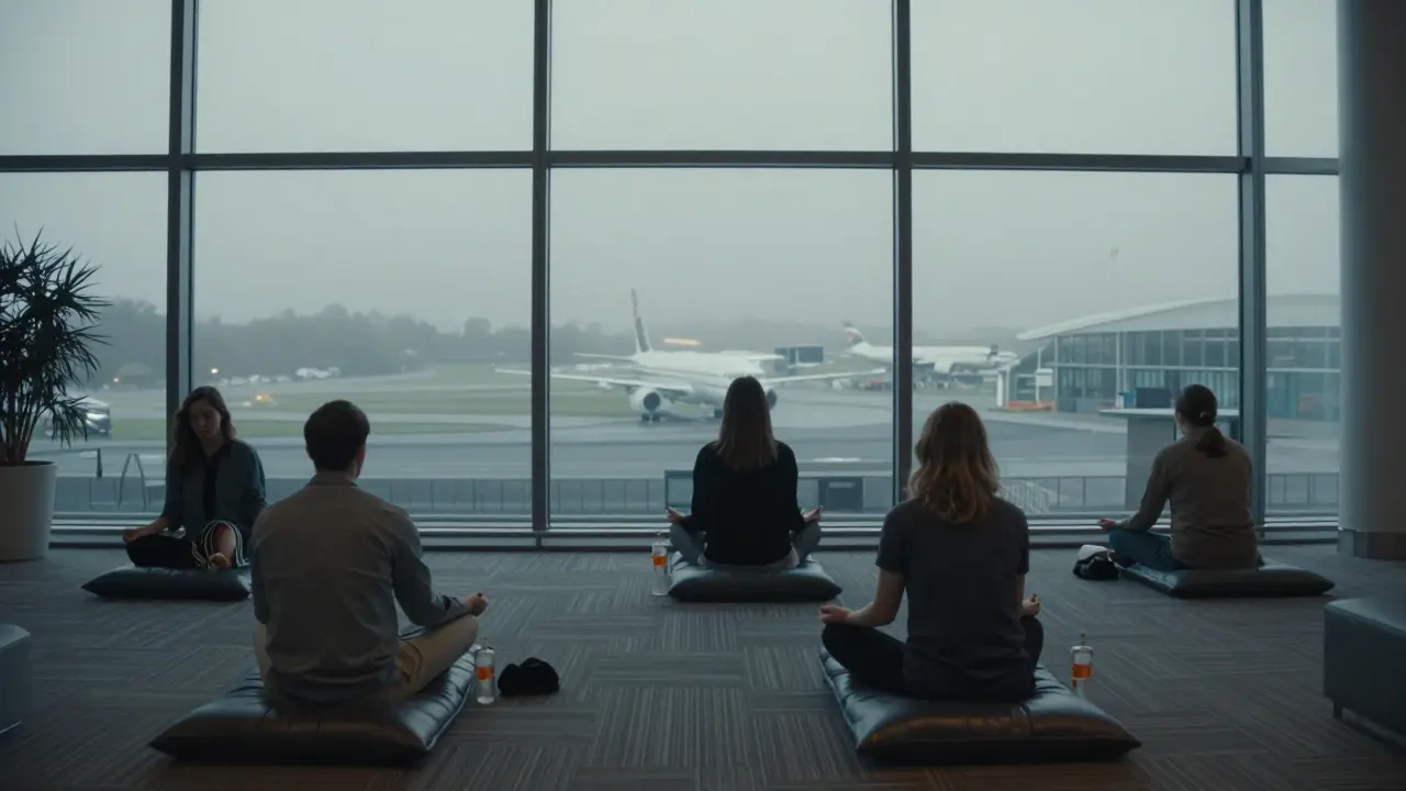 Quiet airport lounge with people meditating and stretching as dawn light filters through windows.