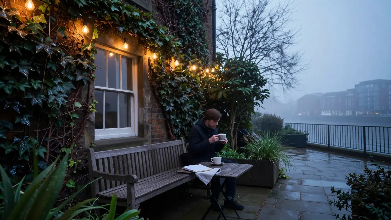 Quiet courtyard garden at dawn with ivy, string lights, and a bench overlooking the Thames.