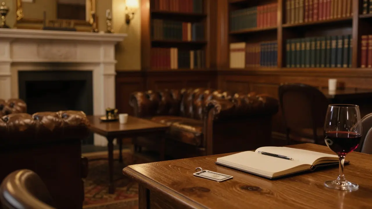 Quiet hotel lobby with fireplace, bookshelves, and keycard on wooden desk