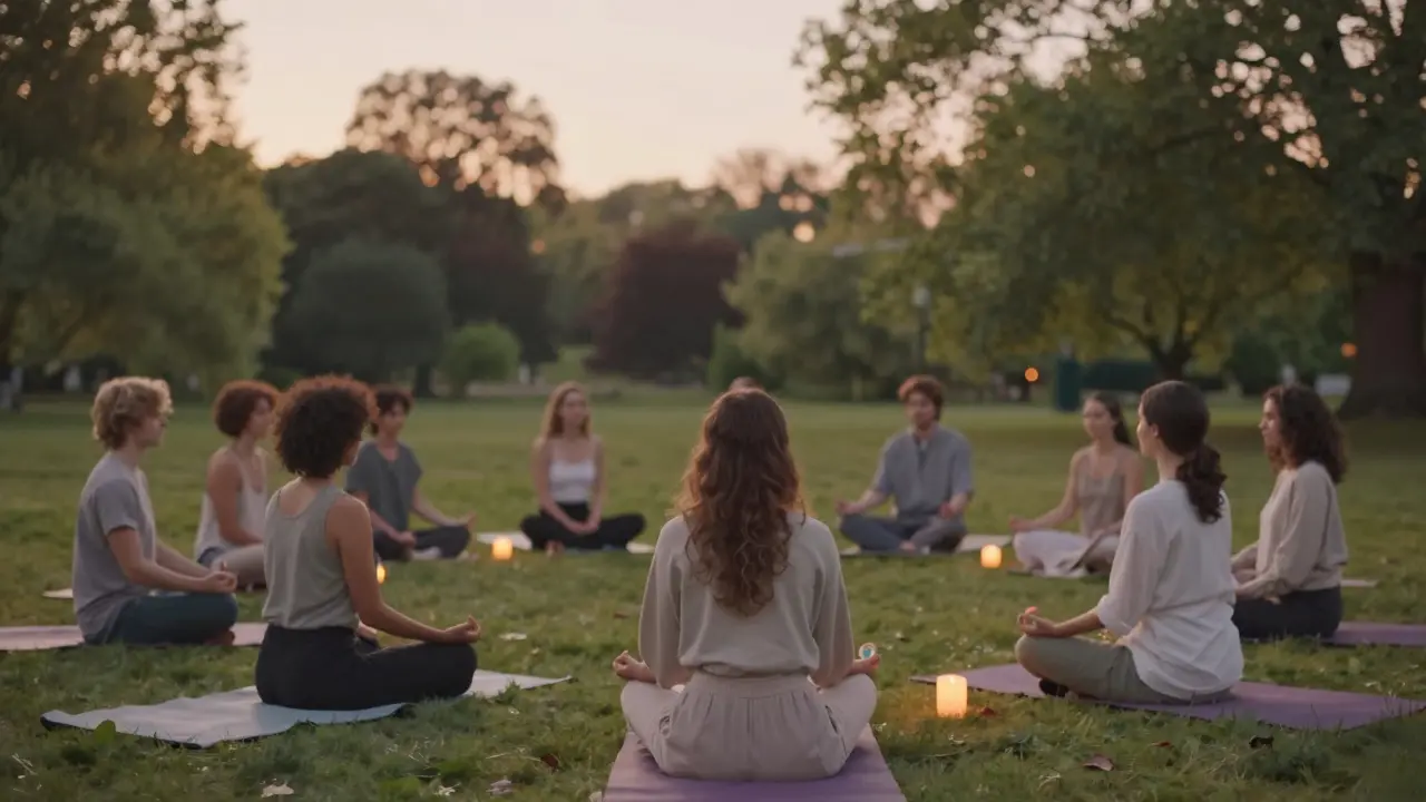 Quiet meditation circle in Regent’s Park with people in yoga poses and rainbow candles.