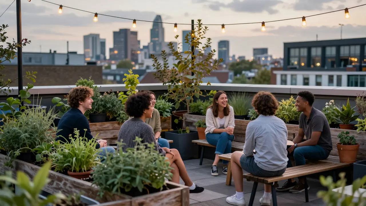 Residents chatting in a rooftop garden with string lights and potted herbs.