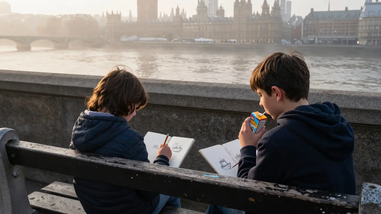 Siblings drawing boats on a bridge bench with fog over the river.