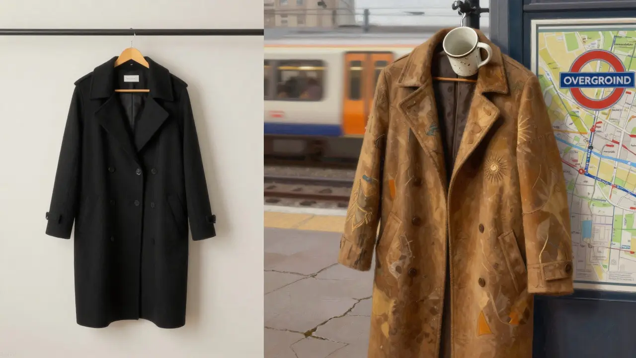 Side-by-side: modern coat versus vintage embroidered coat with a ceramic mug, on a city sidewalk near an Overground map.