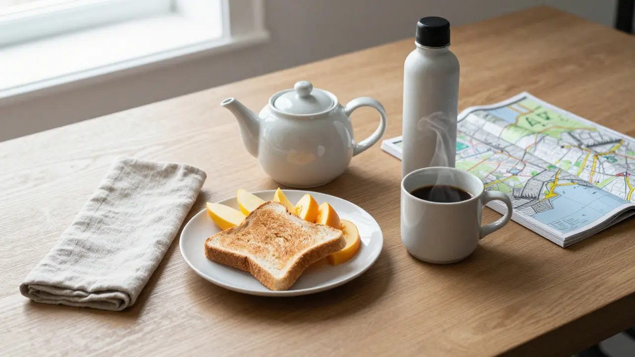 Simple breakfast with toast, fruit, coffee, and London map on a wooden desk