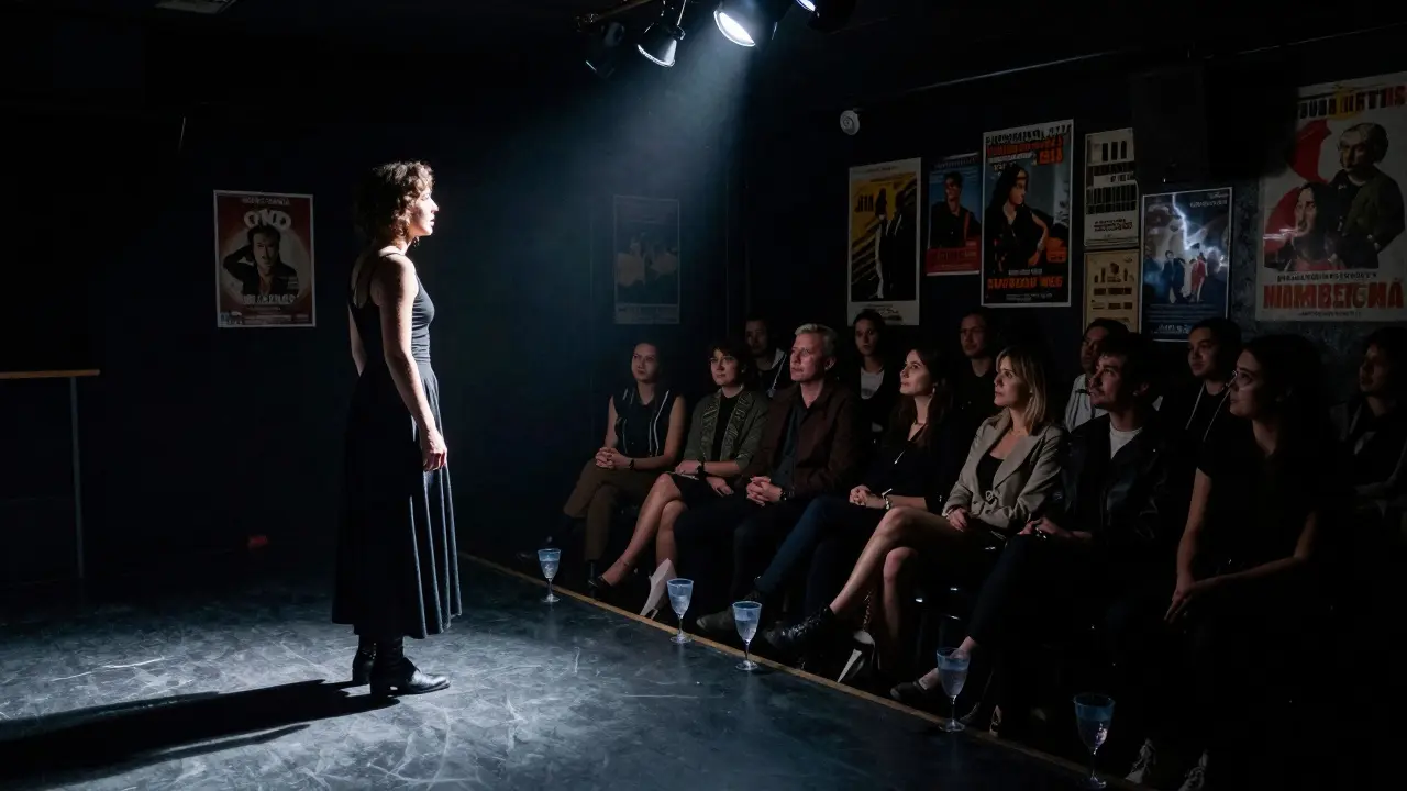 Solo actor on stage under spotlight in a basement theatre, silent audience in darkness.