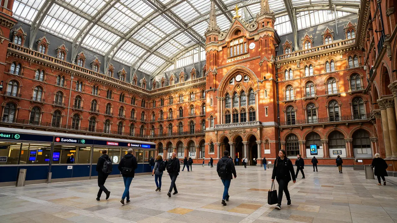 St Pancras International station with high glass ceiling and travelers heading to Eurostar gates.