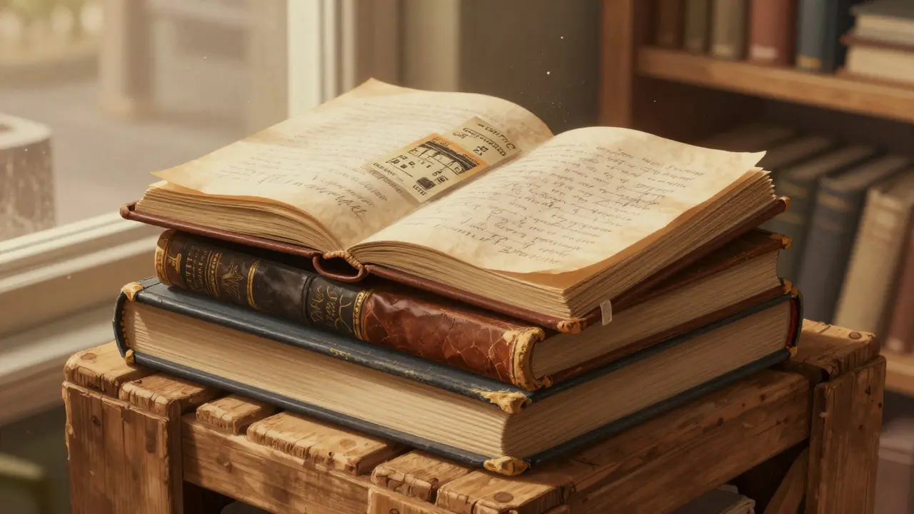 Stack of old books with handwritten notes and a train ticket tucked inside, lit by soft window light.