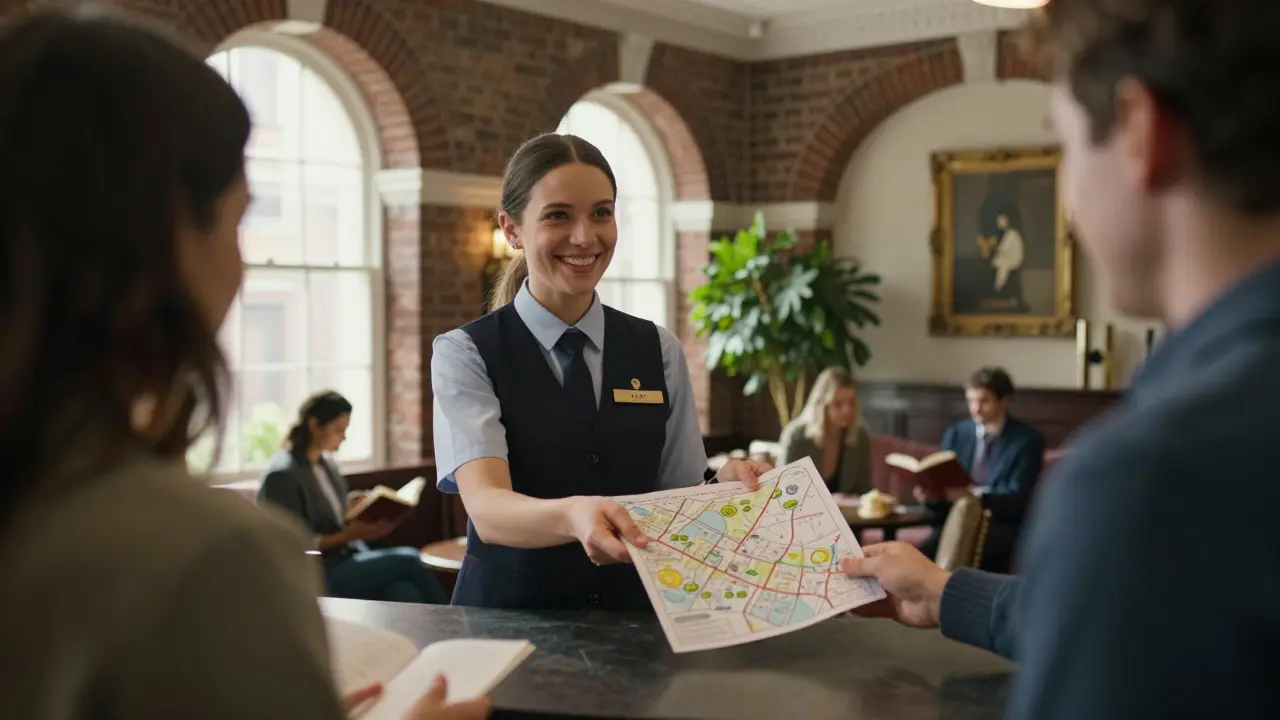 Staff member handing a guest a hand-drawn map at the hotel front desk.