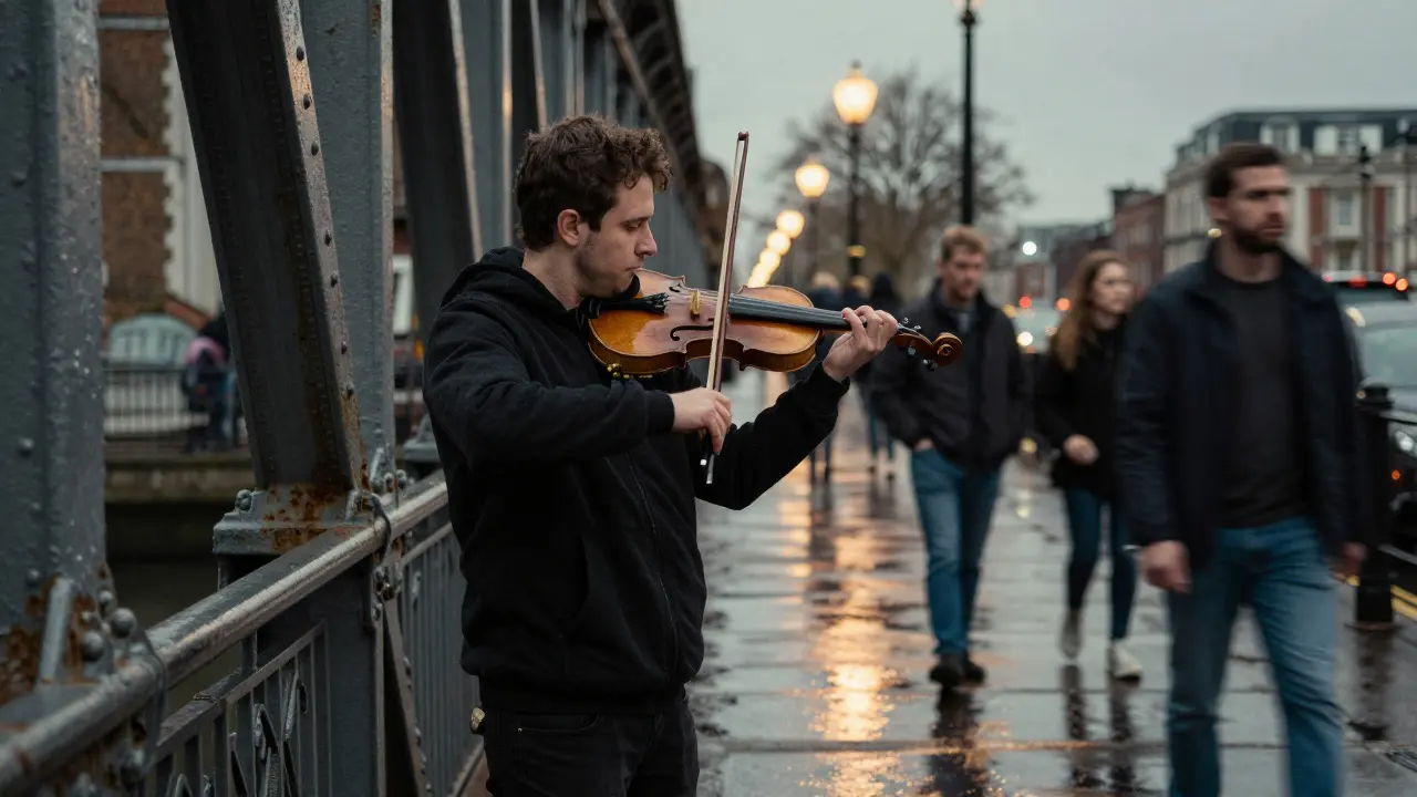 Street musician playing violin on bridge as blurred pedestrians walk by, warm lamplight reflections