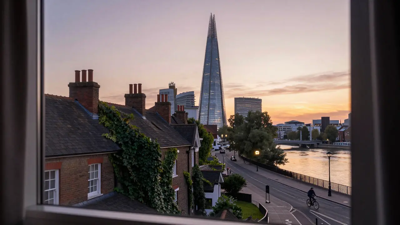 Sunrise view from hotel window showing the Shard and brick rooftops.