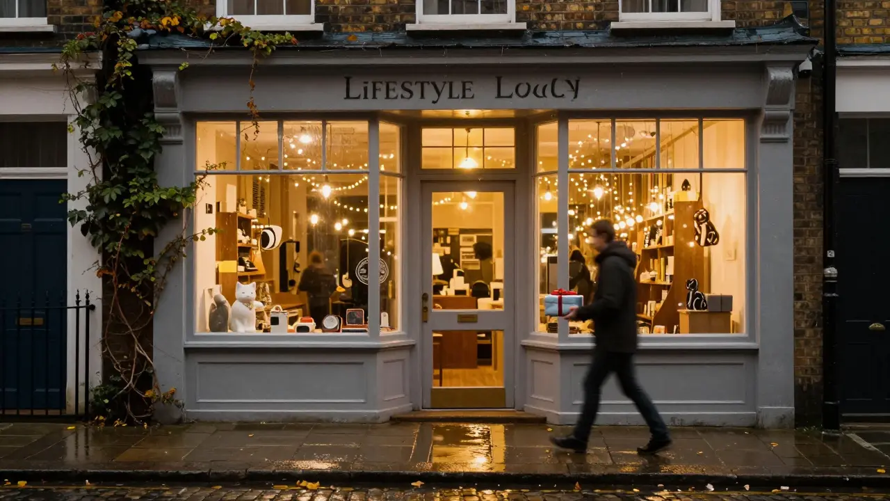 The cozy exterior of a lucky cat shop in Notting Hill on a rainy evening with warm window light.
