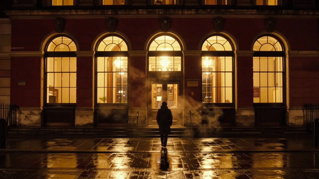 The Royal Opera House at night, golden light glowing on wet pavement.